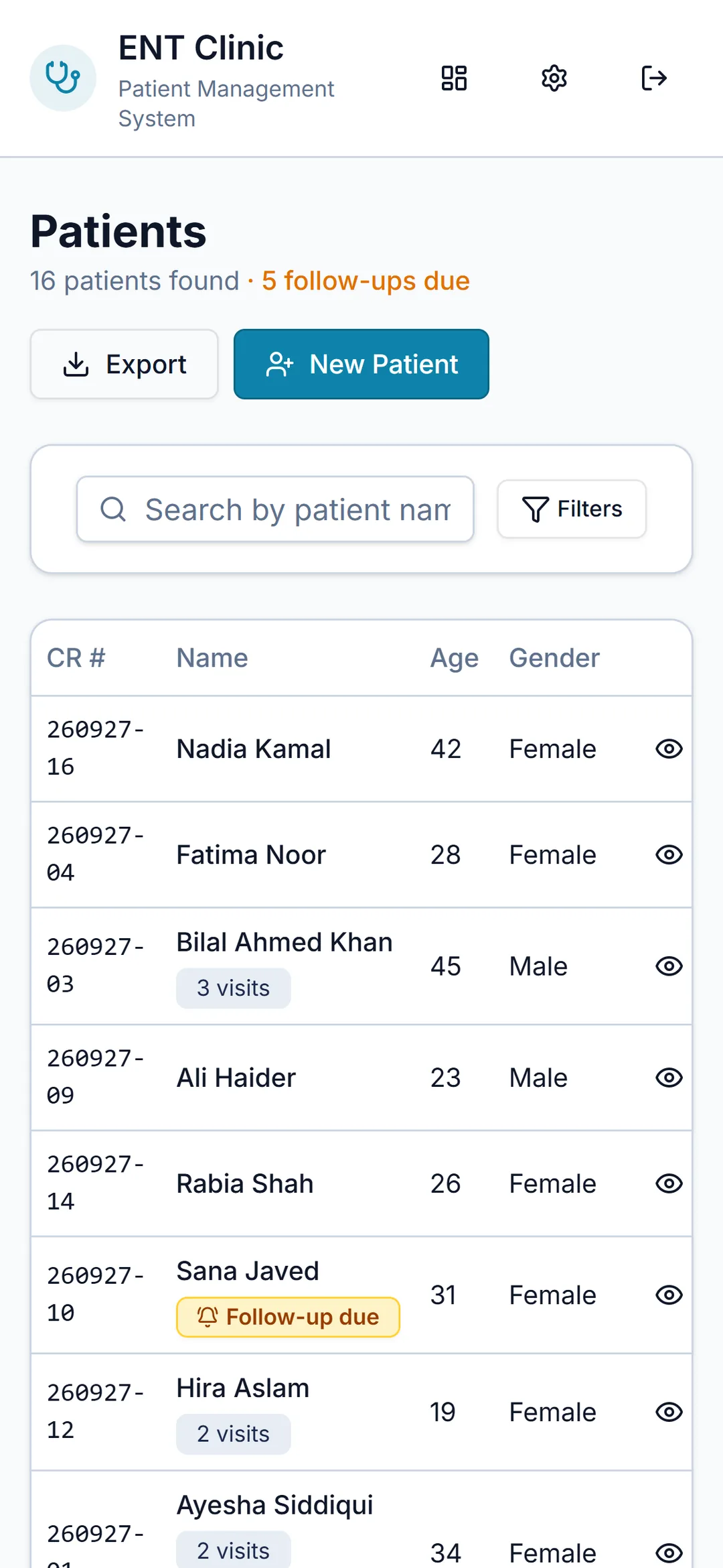 ENT Clinic Management System patient list on a phone, responsive layout