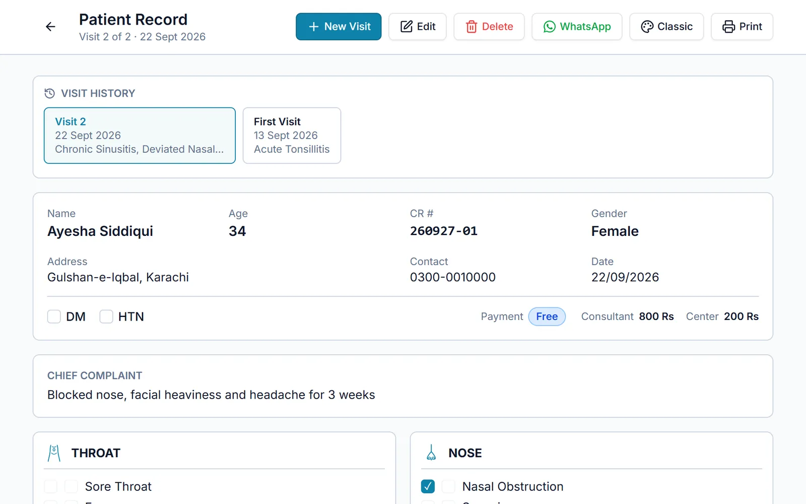 ENT clinic patient record with visit history and throat, nose, ear and neck complaints