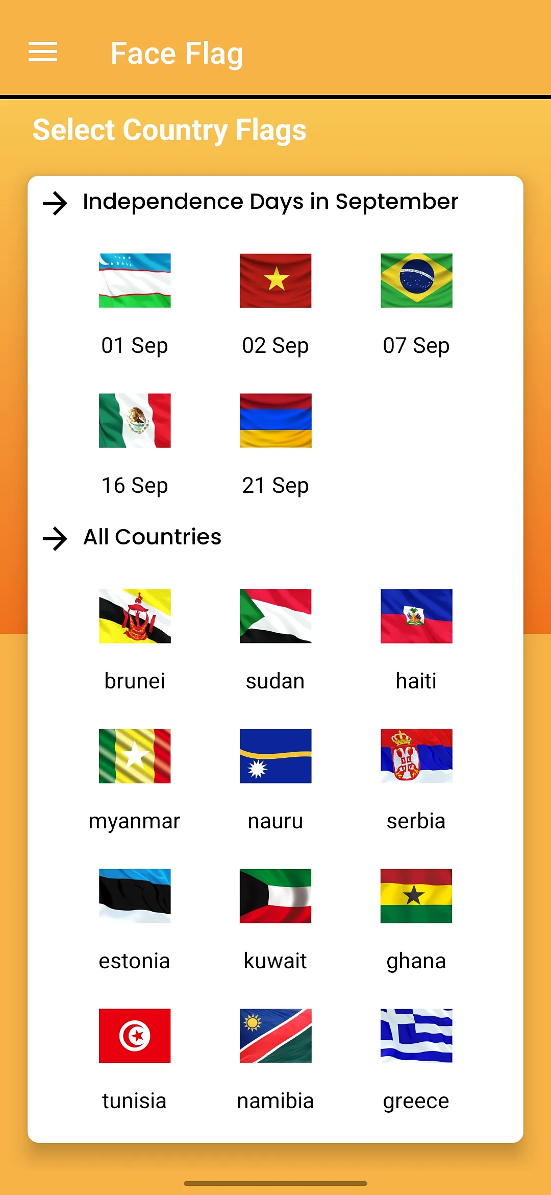 Face Flag Android app country picker with upcoming independence days and a grid of world flags