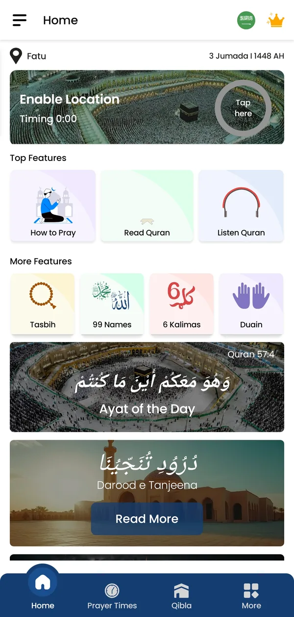 Islamic Prayer Times home screen with prayer timing, top features and Ayat of the Day