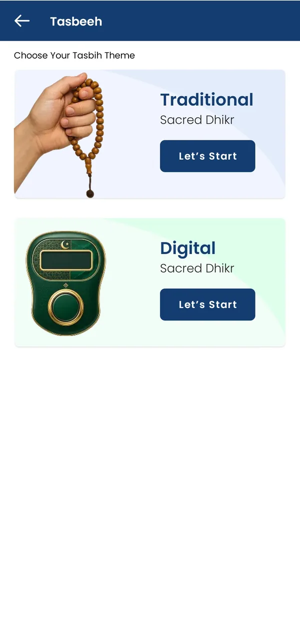 Tasbeeh screen with traditional and digital counter themes