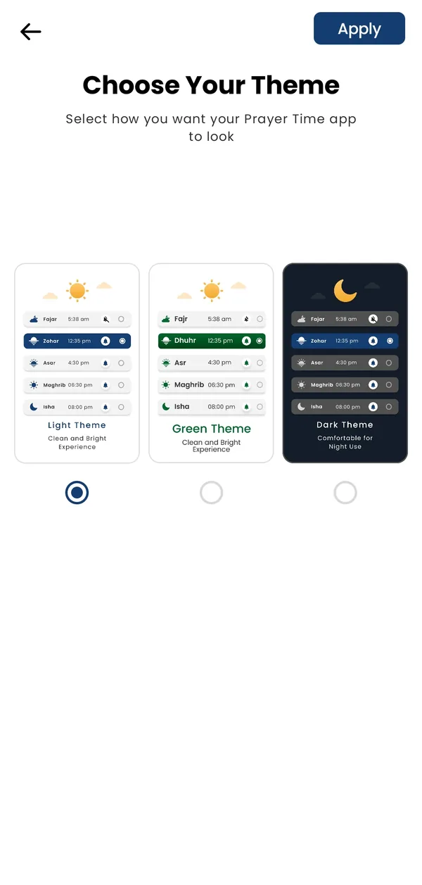Theme picker with light, green and dark prayer-time themes