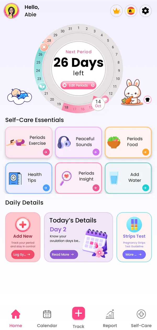 Period Tracker home with next-period cycle ring and self-care shortcuts