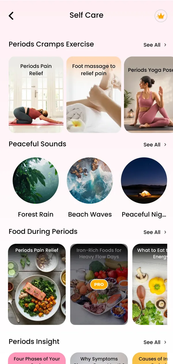 Self-care library with exercises, sounds and food guides