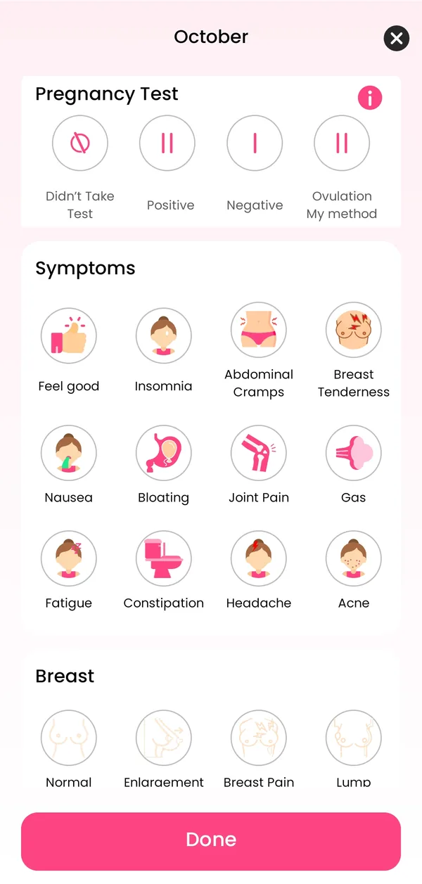 Daily log for pregnancy tests and symptoms