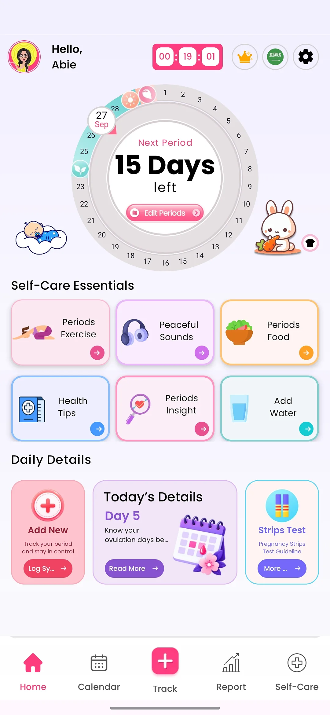 Period Tracker Android app home screen with cycle ring showing days until next period and self-care shortcuts