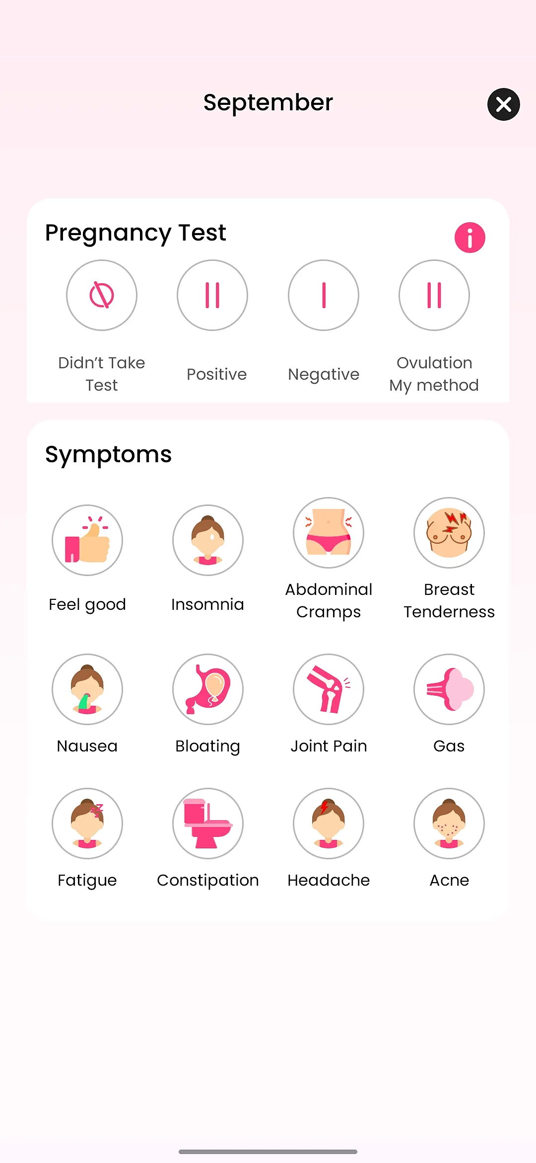 Period Tracker Android app daily log for pregnancy test results and symptoms such as cramps, bloating and headache