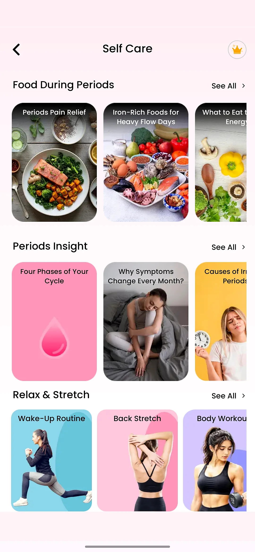 Period Tracker Android app self-care library with period nutrition guides, cycle insights and stretching routines