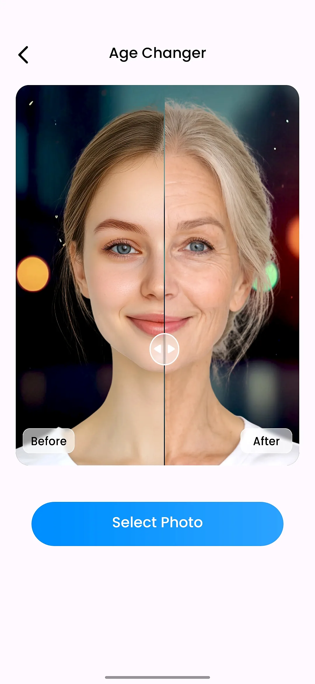 FotoEditor Android app age changer showing a before and after comparison slider on a portrait