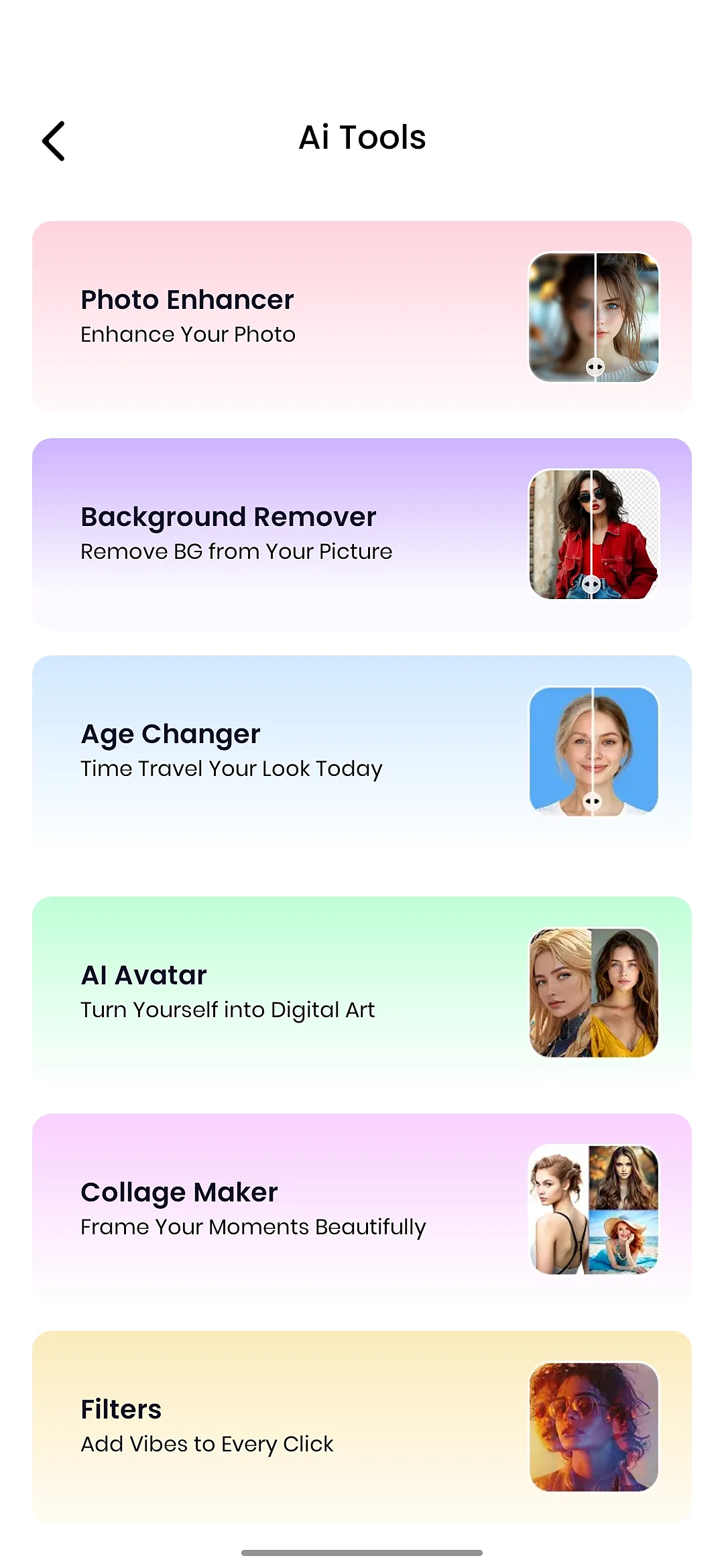 FotoEditor Android app AI tools list including photo enhancer, background remover, age changer, AI avatar, collage maker and filters
