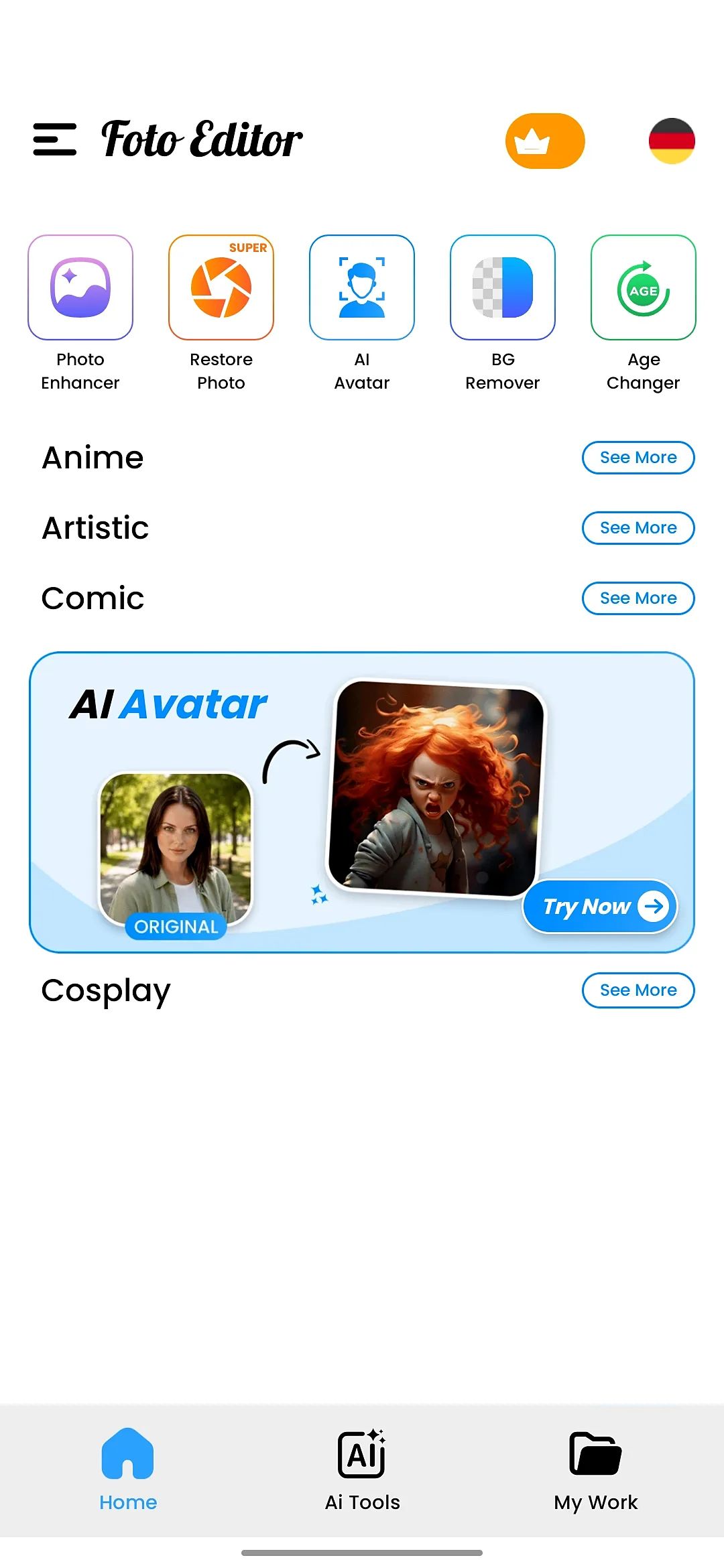 FotoEditor Android app home screen with photo enhancer, restore photo, AI avatar, background remover and age changer tools