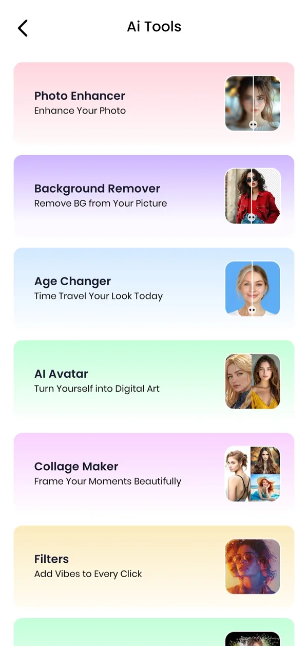 AI tools list with photo enhancer, background remover, age changer, AI avatar and collage maker