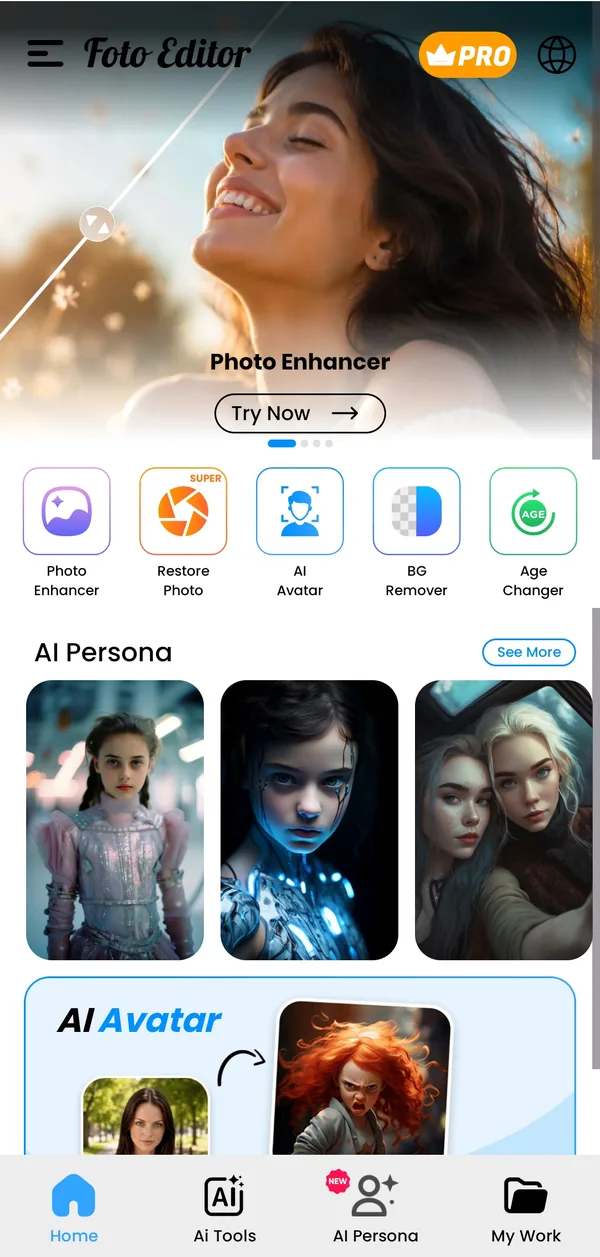 AI Photo Enhancer home with enhancer, restore, avatar, background remover and age changer shortcuts