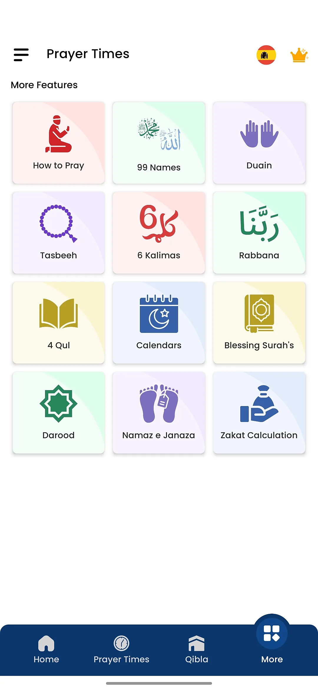 Islamic Prayer Times Android app feature grid with How to Pray, 99 Names, Tasbeeh, 6 Kalimas, Darood and Zakat calculator