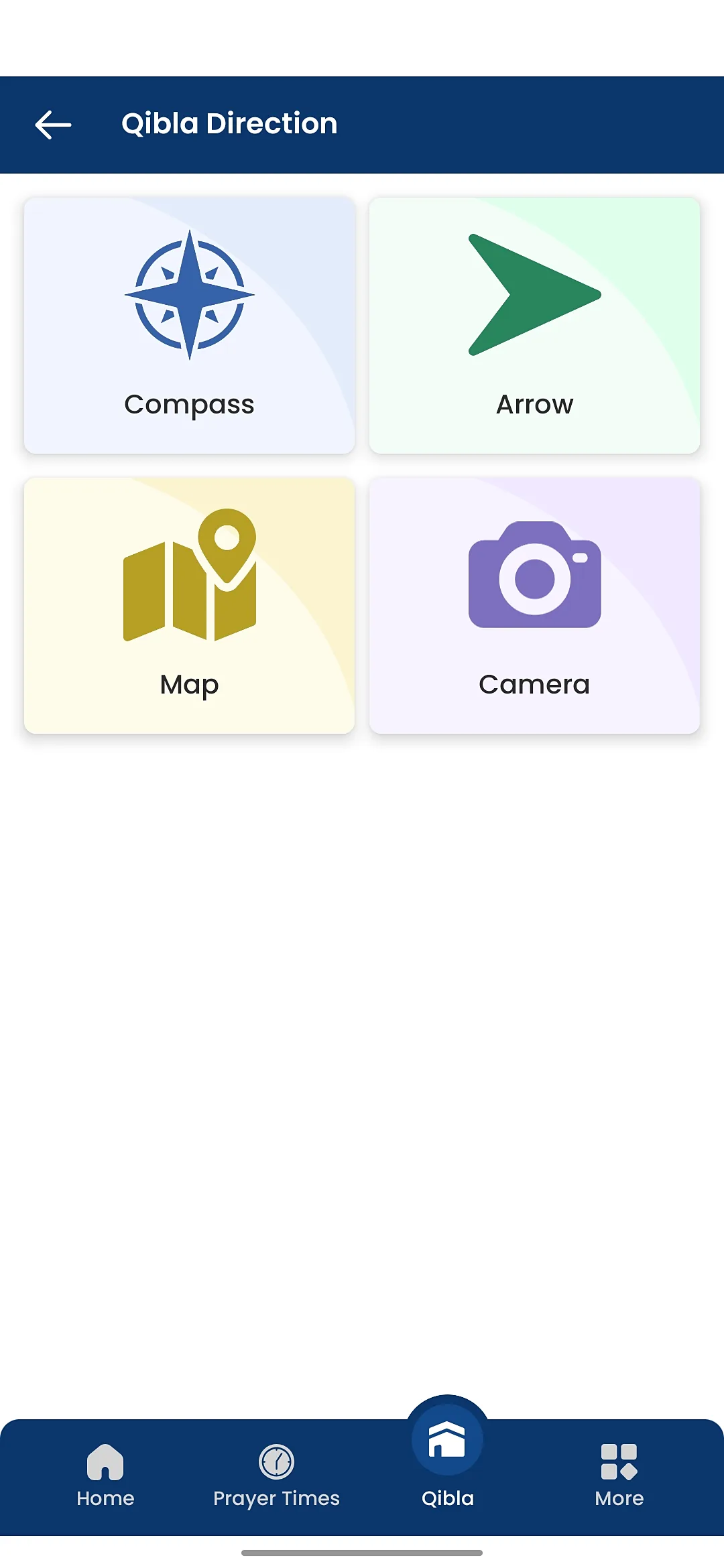 Islamic Prayer Times Android app Qibla direction modes: compass, arrow, map and camera