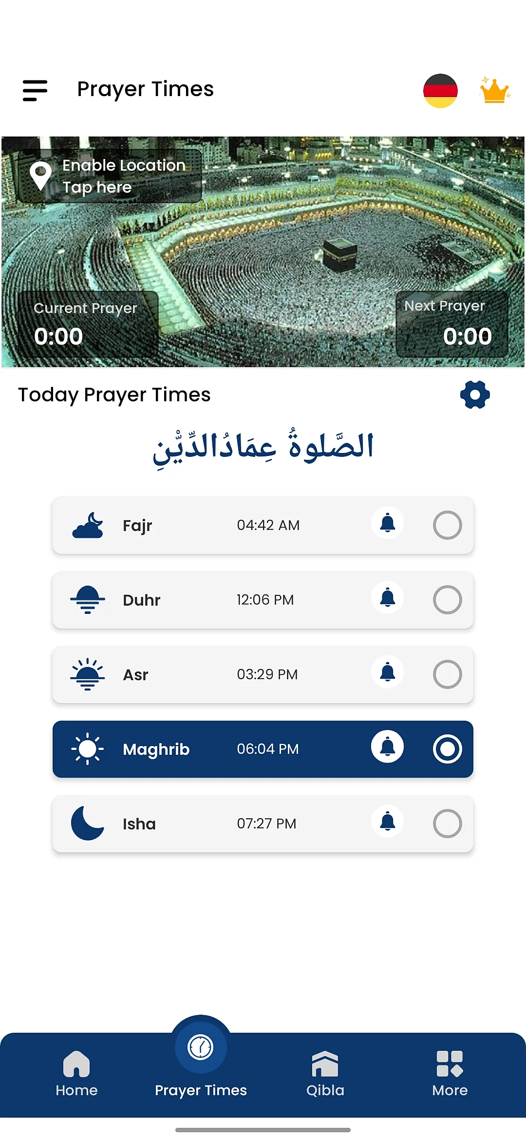 Islamic Prayer Times Android app showing today's Fajr, Duhr, Asr, Maghrib and Isha timings with azan alert toggles
