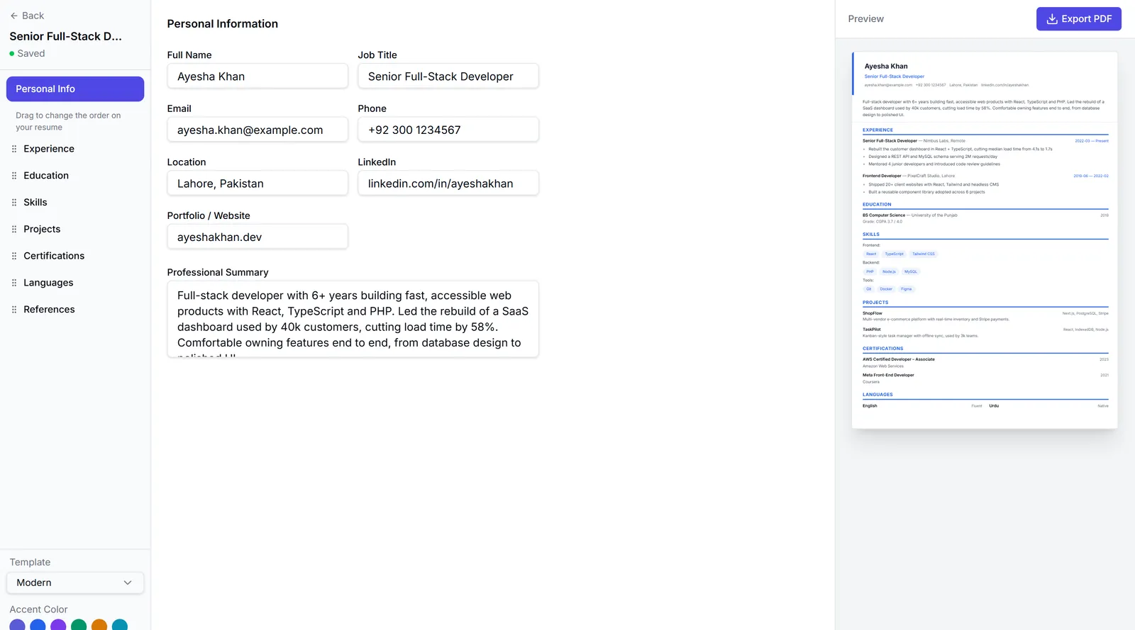 ResumeCraft Pro editor with section navigation, structured form and live A4 resume preview