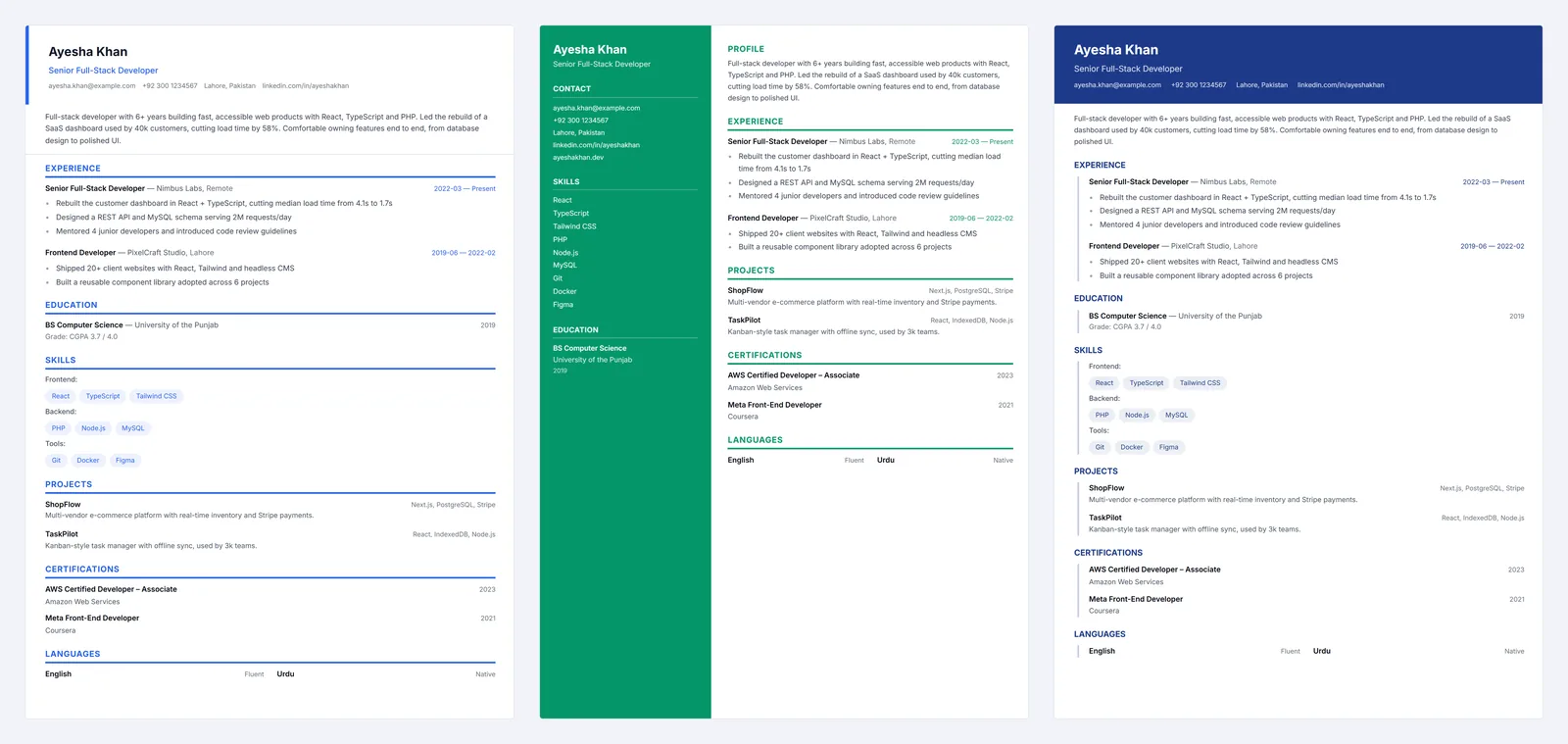 Three exported A4 resumes in Modern, Creative and Navy Executive layouts