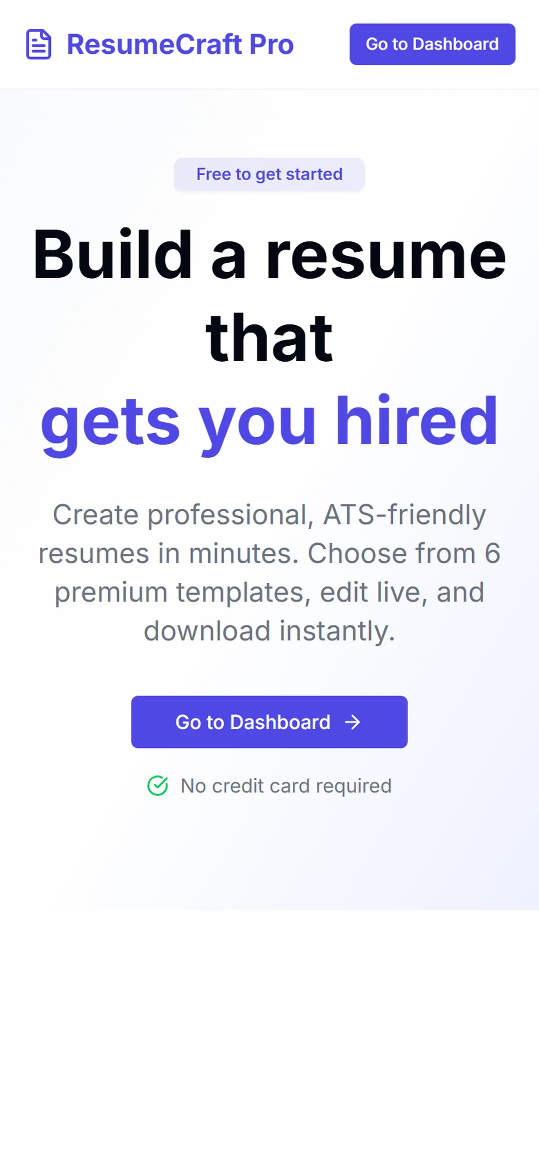 ResumeCraft Pro responsive landing page on a phone