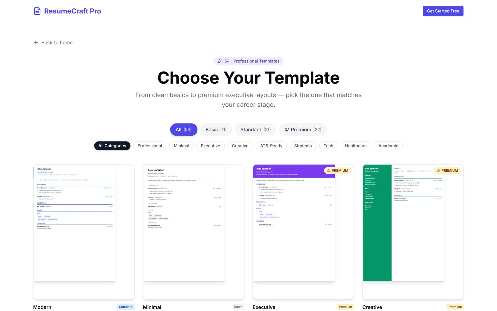 ResumeCraft Pro template gallery filterable by tier and category