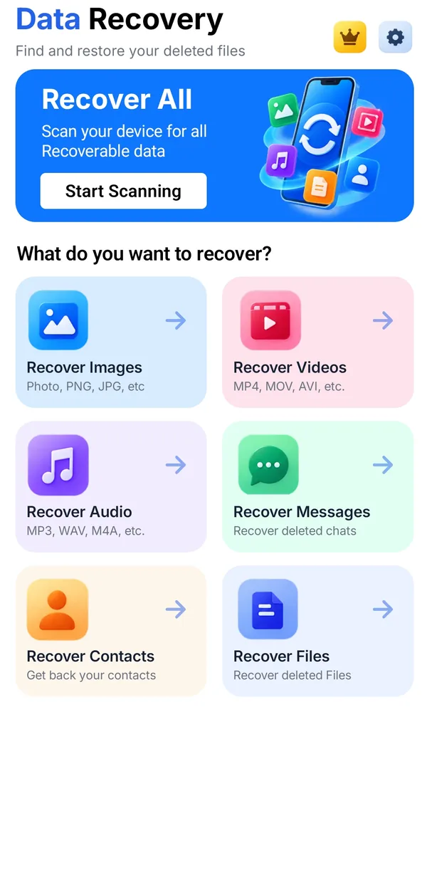 Data Recovery home with Recover All scan and recovery categories