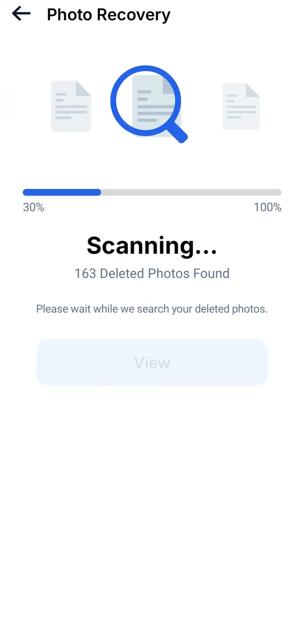 Photo recovery scan in progress with deleted photos found count