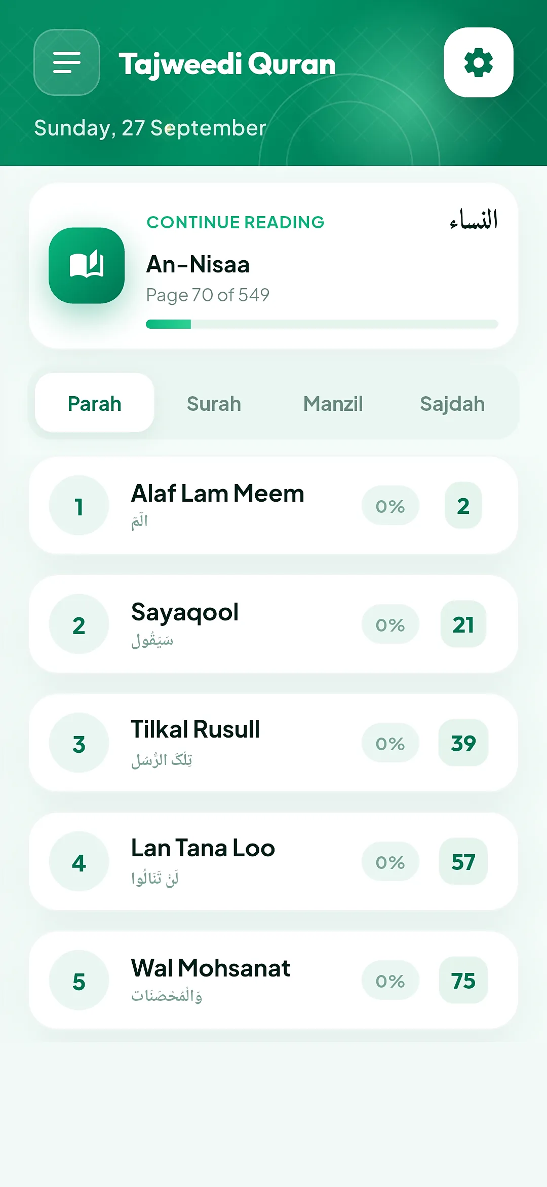 Tajweedi Quran Android app home with continue-reading progress and Parah, Surah, Manzil and Sajdah navigation