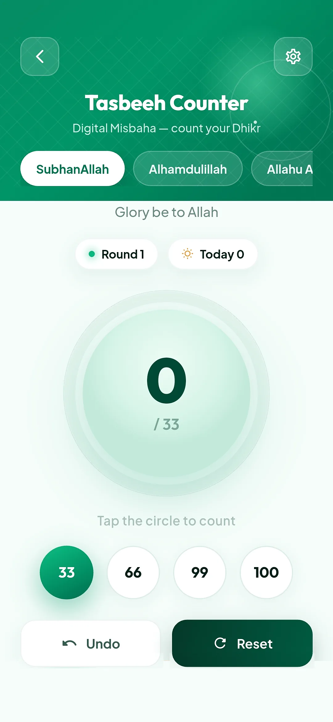 Tajweedi Quran Android app digital Tasbeeh counter with dhikr presets, round tracking and 33, 66, 99, 100 targets
